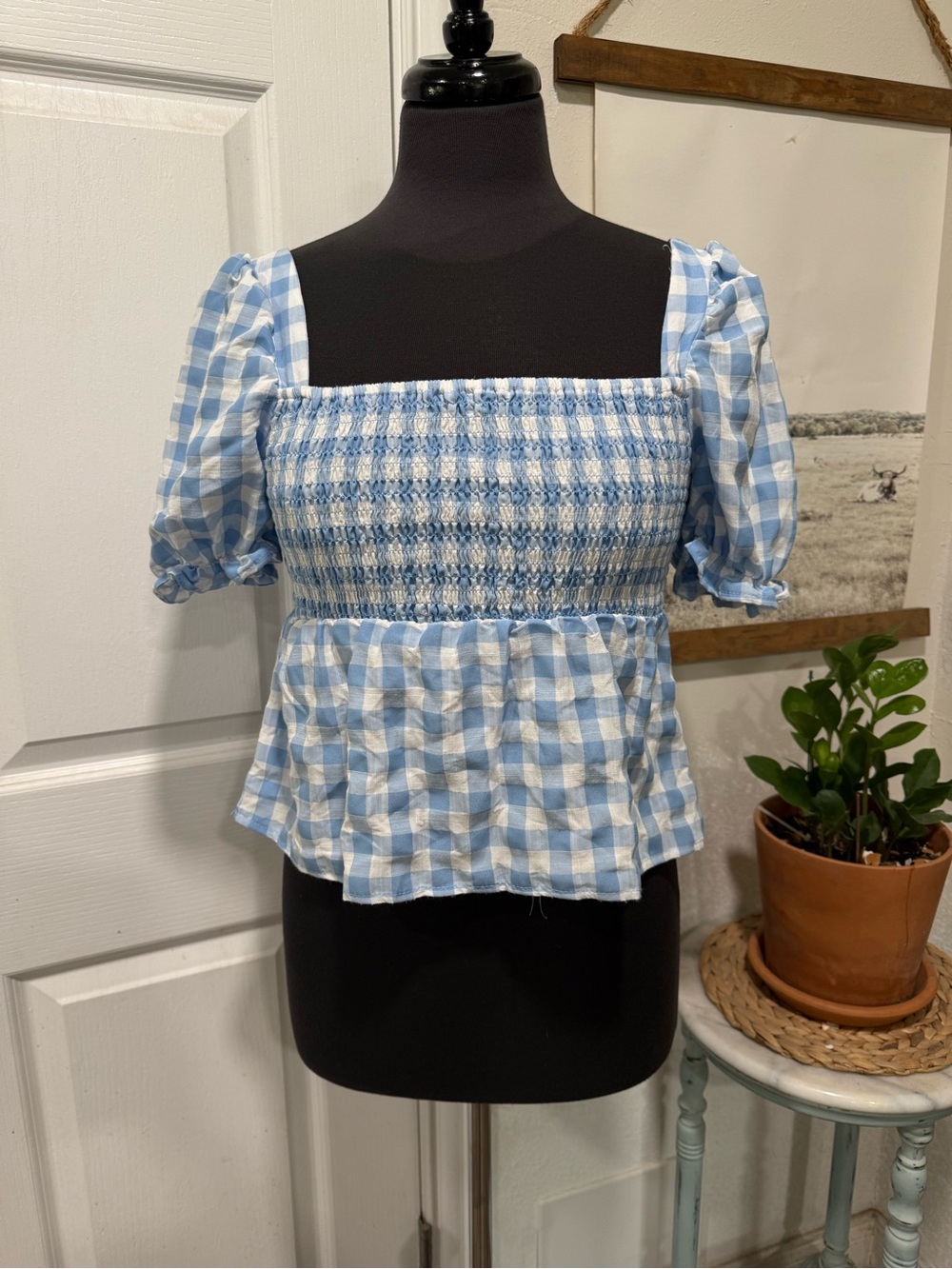 Light Blue Gingham Smocked Puff Sleeve Top